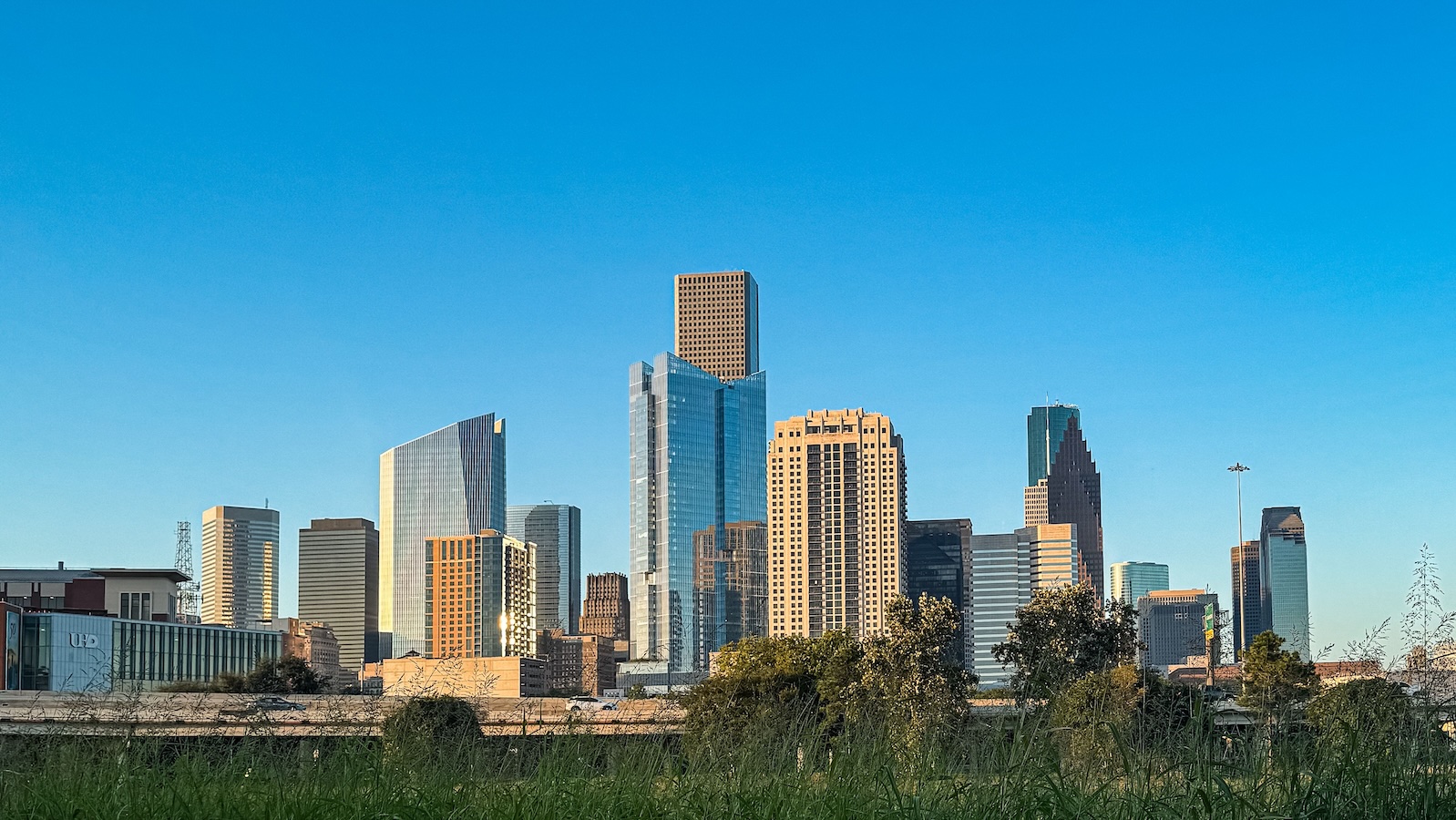 Houston skyline at golden hour with downtown skyscrapers