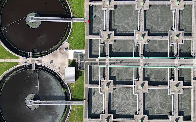 Aerial view of a municipal wastewater treatment plant